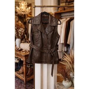 Elie Tahari Brown Lamb Leather Moto Vest Belted Sleeveless Women’s Lined Luxury